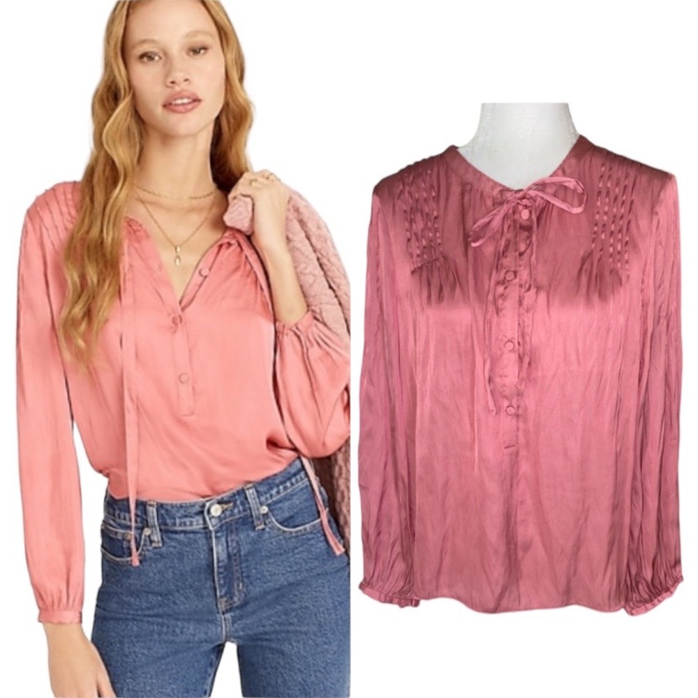 J. Crew Featherweight Satin Pintucked Tie Neck Oversized Blouse in Warm Rose - M
